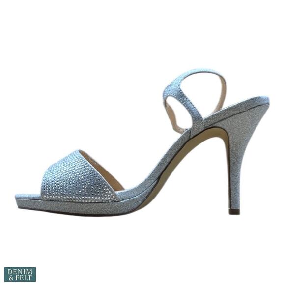 Badgley Mischka Silver Glitter Heels Sandals 10W Rhinestone Ankle Strap Dressy - Picture 14 of 16